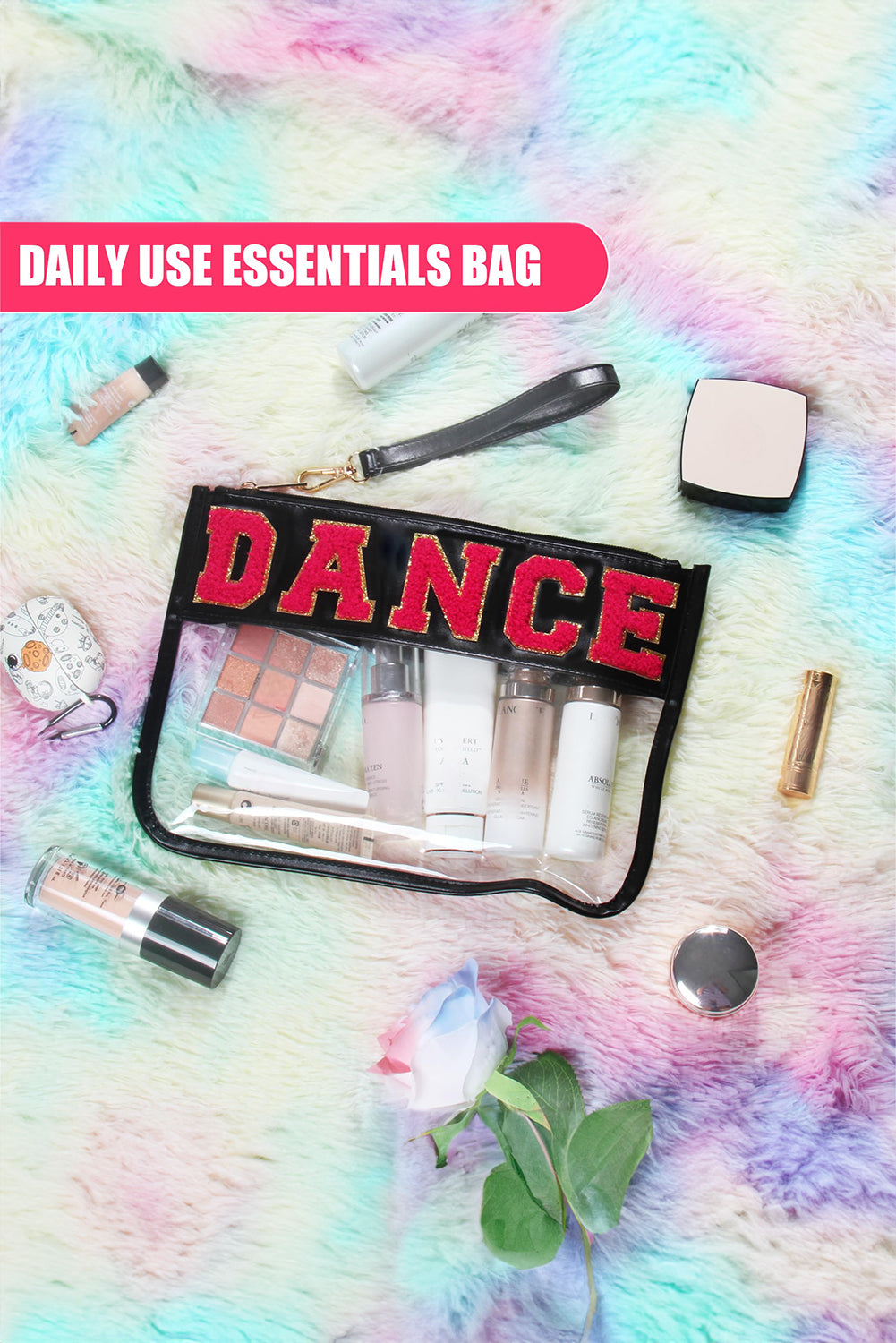 Bright Pink CHEER Chenille Letter PU Leather Patchwork Clear Makeup Bag