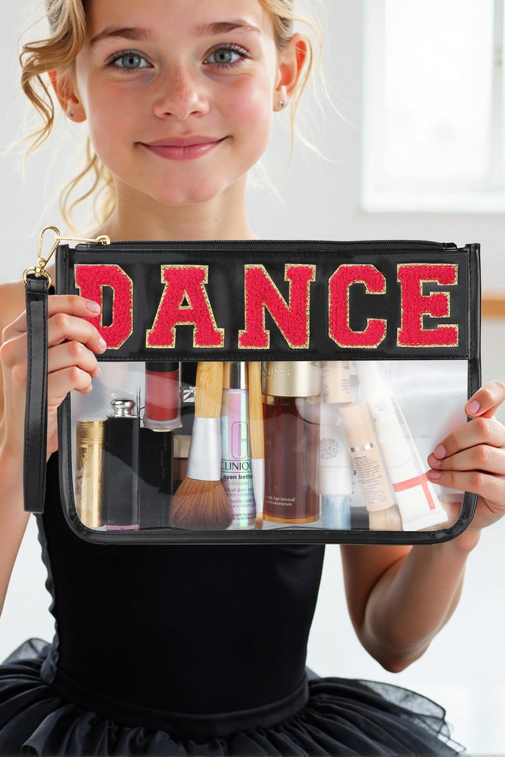 Bright Pink CHEER Chenille Letter PU Leather Patchwork Clear Makeup Bag
