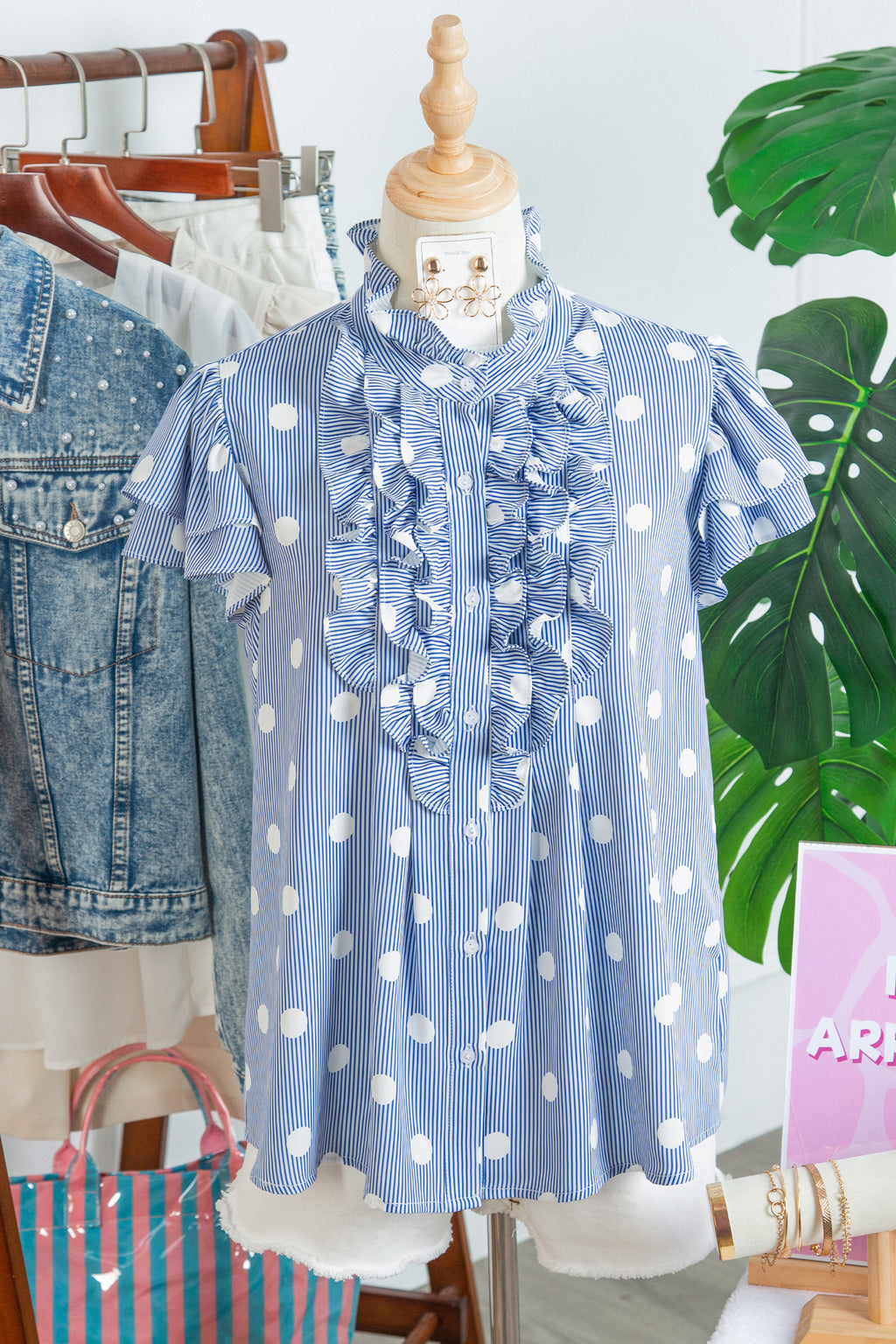 Sky Blue Stripe Contrast Polka Dot Print Pleated Ruffle Sleeve Shirt