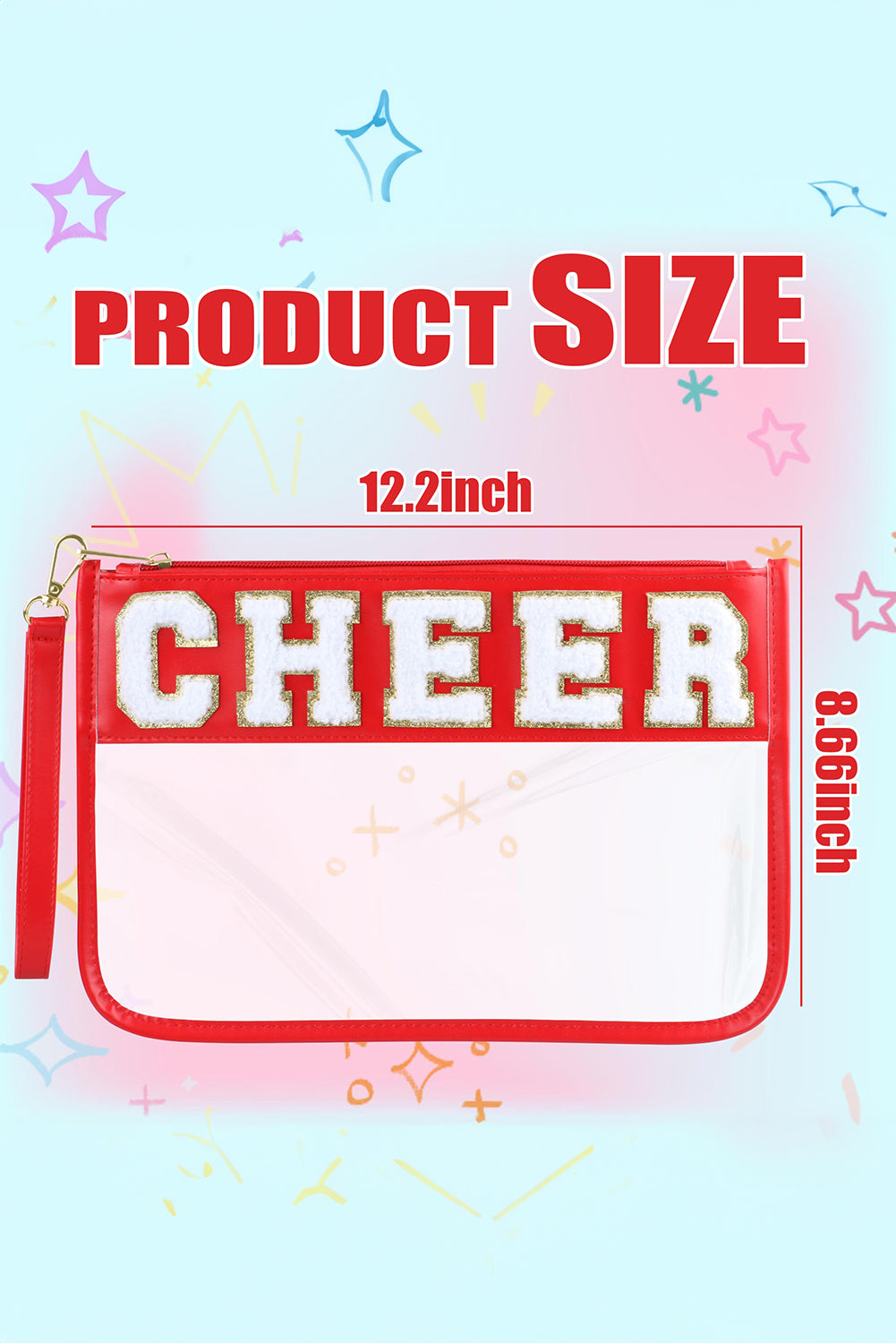 Bright Pink CHEER Chenille Letter PU Leather Patchwork Clear Makeup Bag