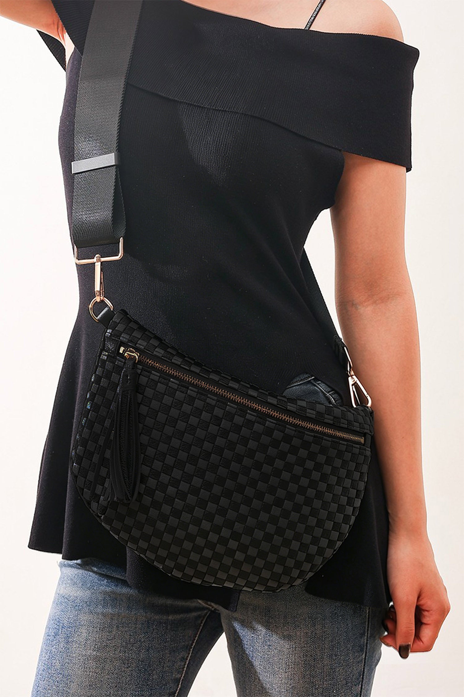Fiery Red Checkered Woven PU Leather Crossbody Bag Adjustable Strap Large Size