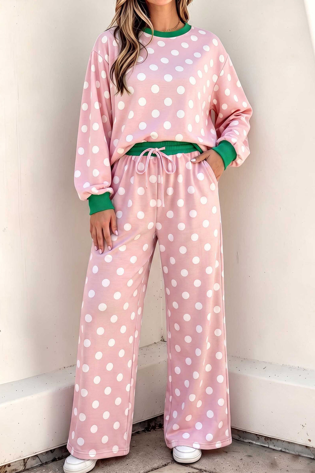 Khaki Polka Dot Contrast Trim Long Sleeve Top Drawstring Shift Pants Set