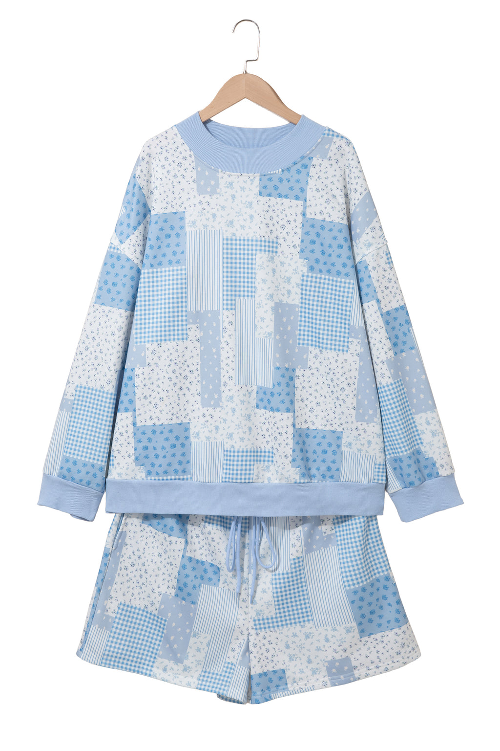 Sky Blue Patchwork Floral Print Stand Neck Long Sleeve Two-piece Outfit Plus Size Set