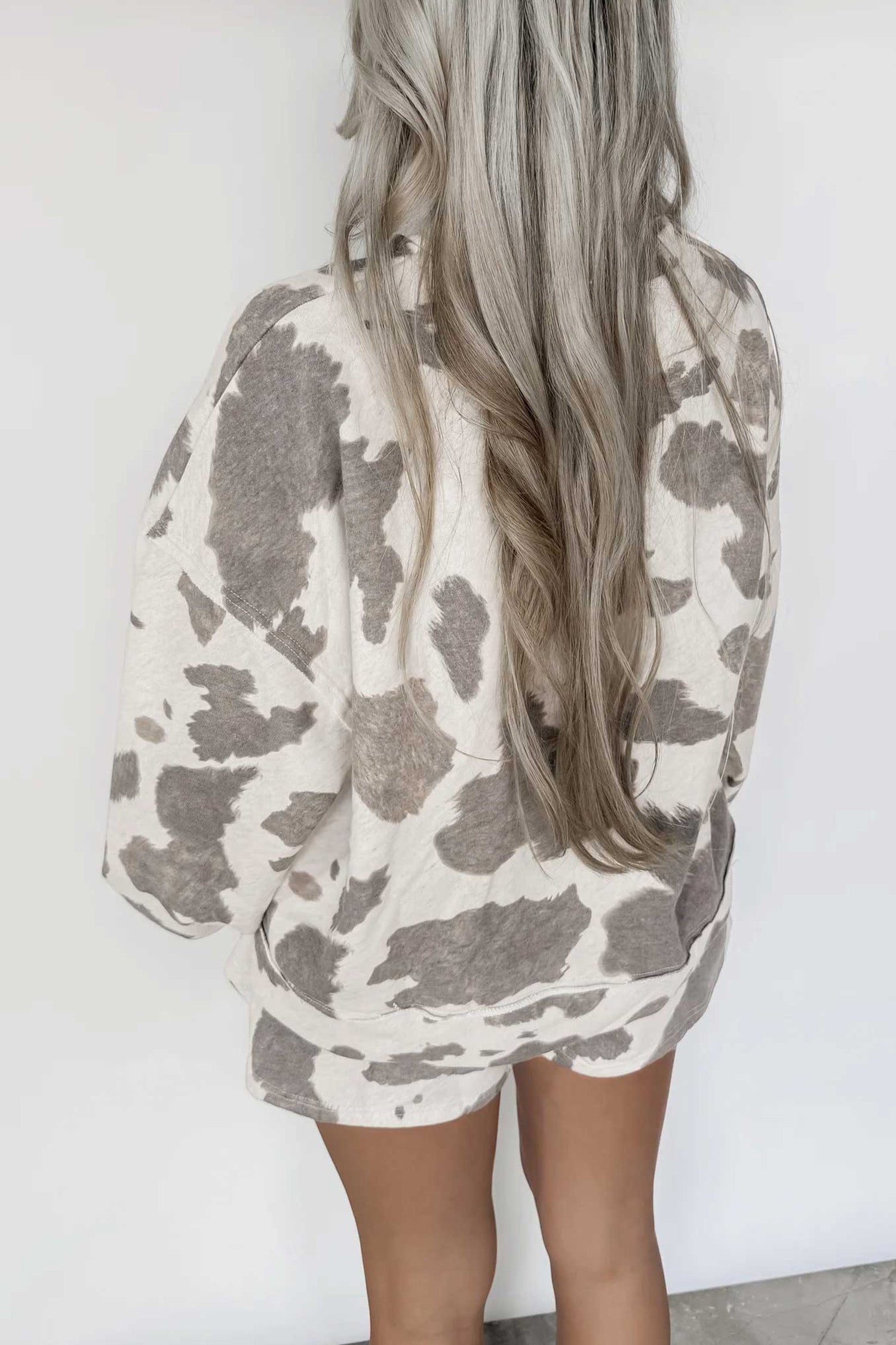 Gray Western Print Raw Hem Long Sleeve Top Drawstring Shorts Set