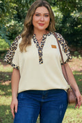 Beige Plus Size Leopard Contrast Patchwork Polo Tee