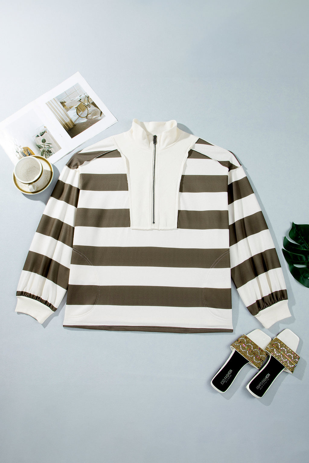 Green Stripe Plus Size Half Zipped Casual Sweatshirt