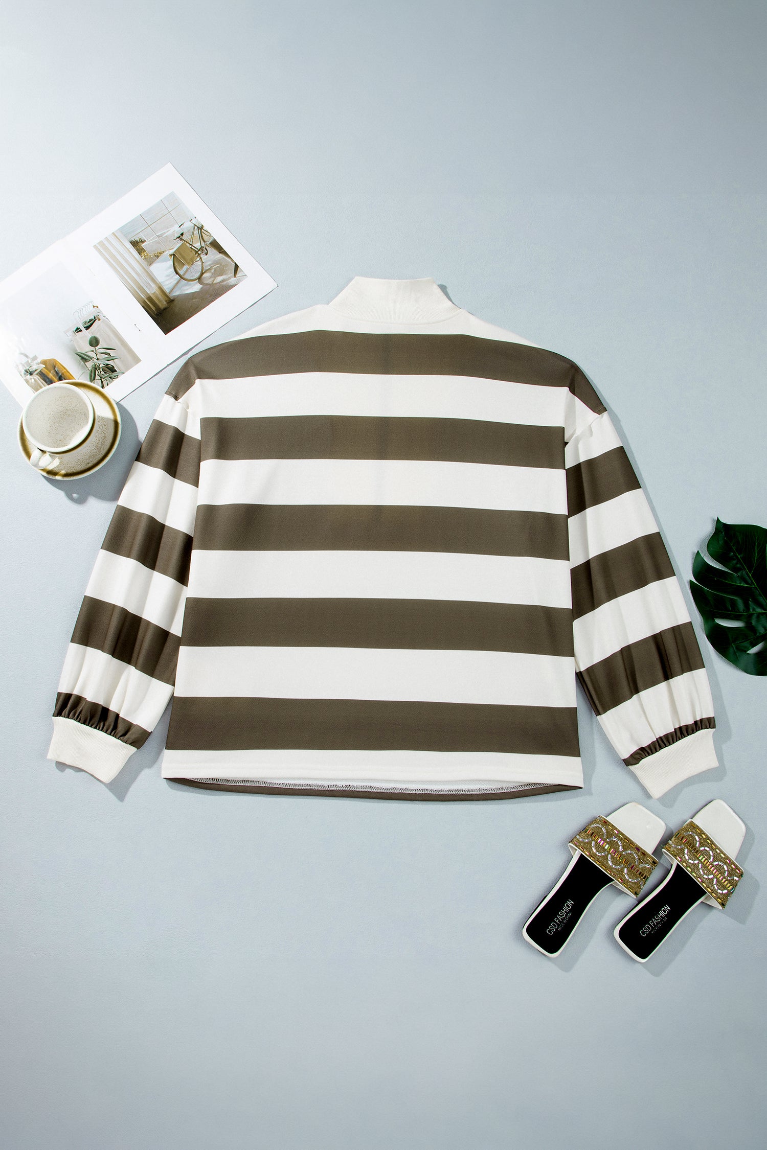 Green Stripe Plus Size Half Zipped Casual Sweatshirt
