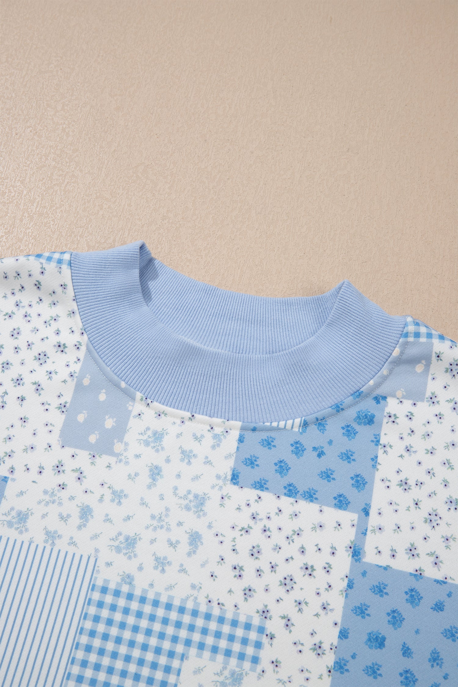 Sky Blue Patchwork Floral Print Stand Neck Long Sleeve Two-piece Outfit Plus Size Set