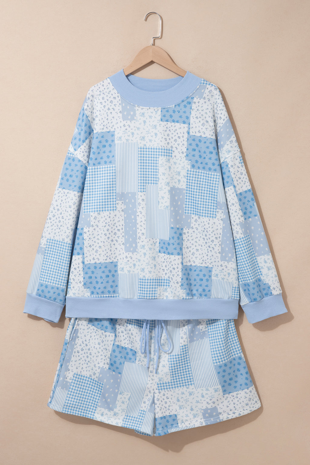 Sky Blue Patchwork Floral Print Stand Neck Long Sleeve Two-piece Outfit Plus Size Set