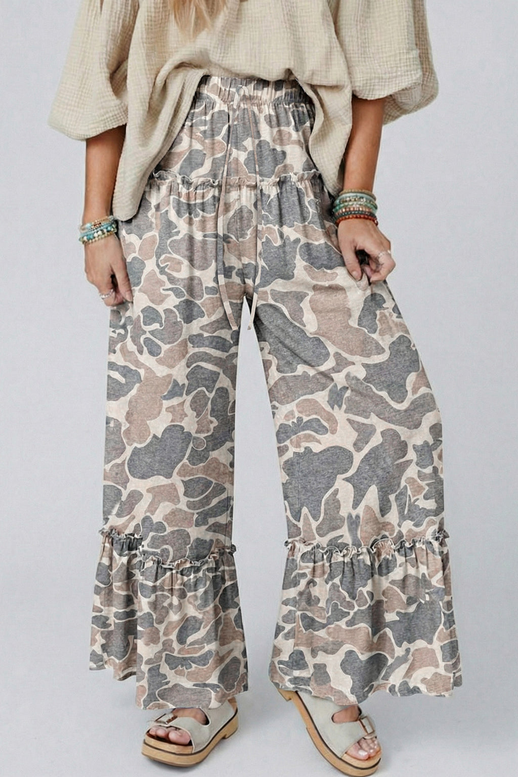 Multicolour Camo Print Wide Leg Casual Pants
