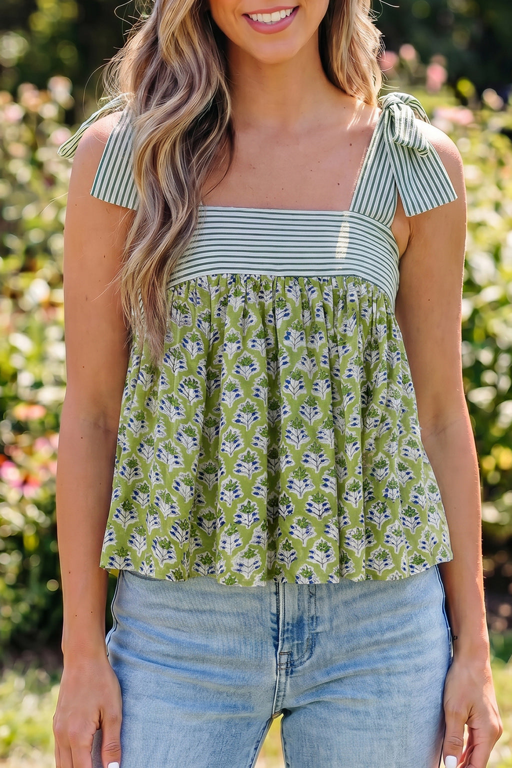 Pink Floral Printed Knot Straps Babydoll Tank Top