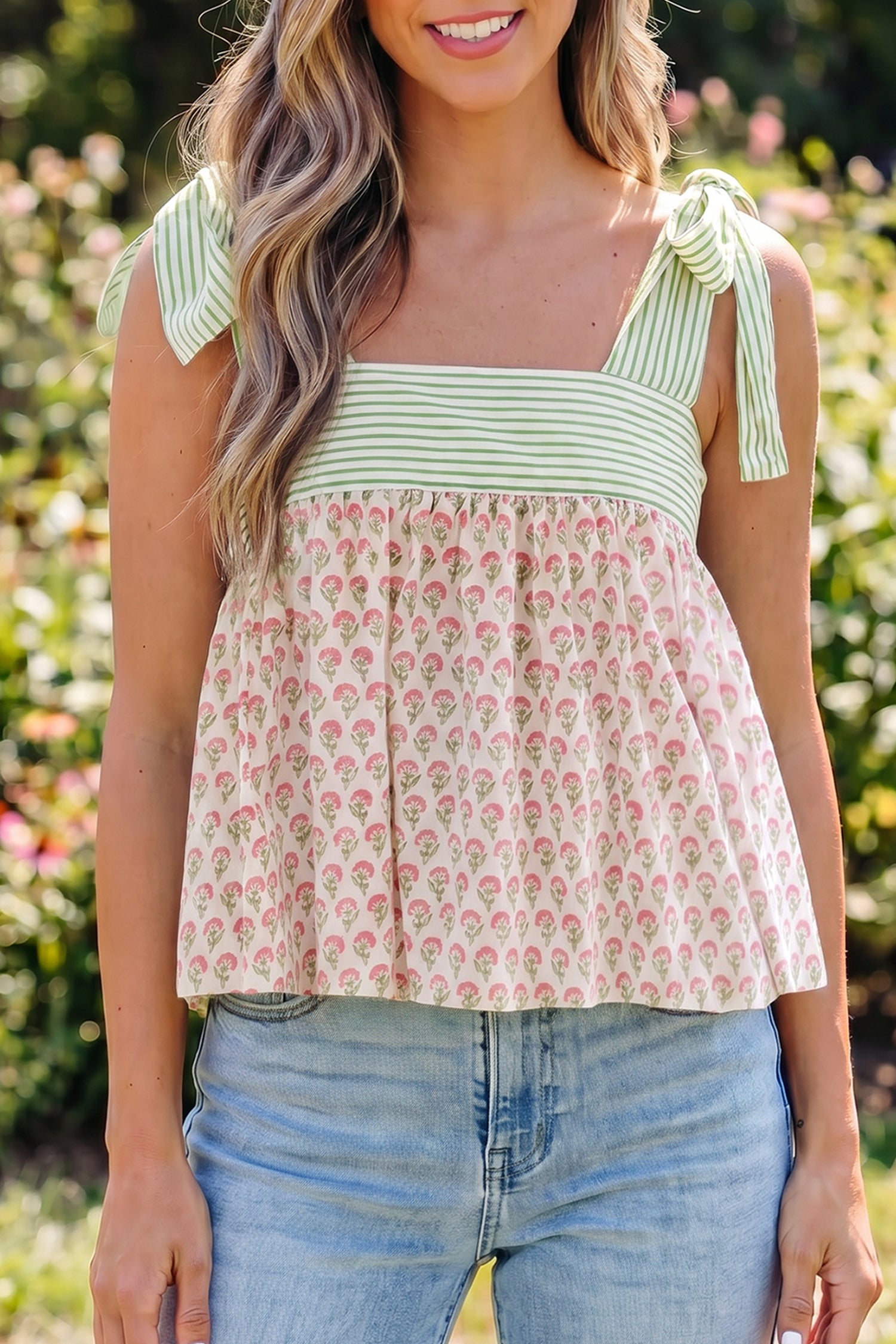 Pink Floral Printed Knot Straps Babydoll Tank Top