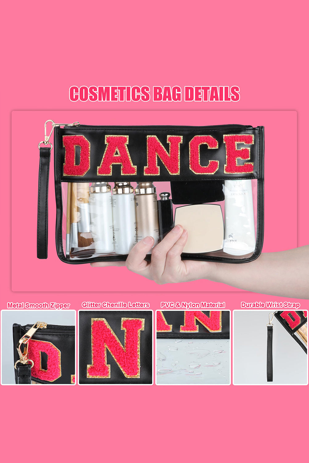 Bright Pink CHEER Chenille Letter PU Leather Patchwork Clear Makeup Bag