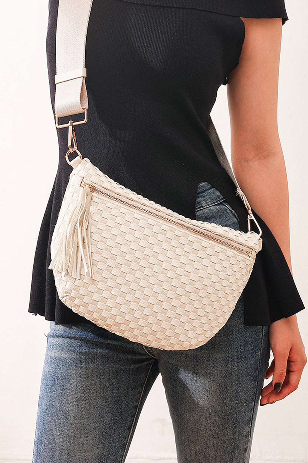 Fiery Red Checkered Woven PU Leather Crossbody Bag Adjustable Strap Large Size