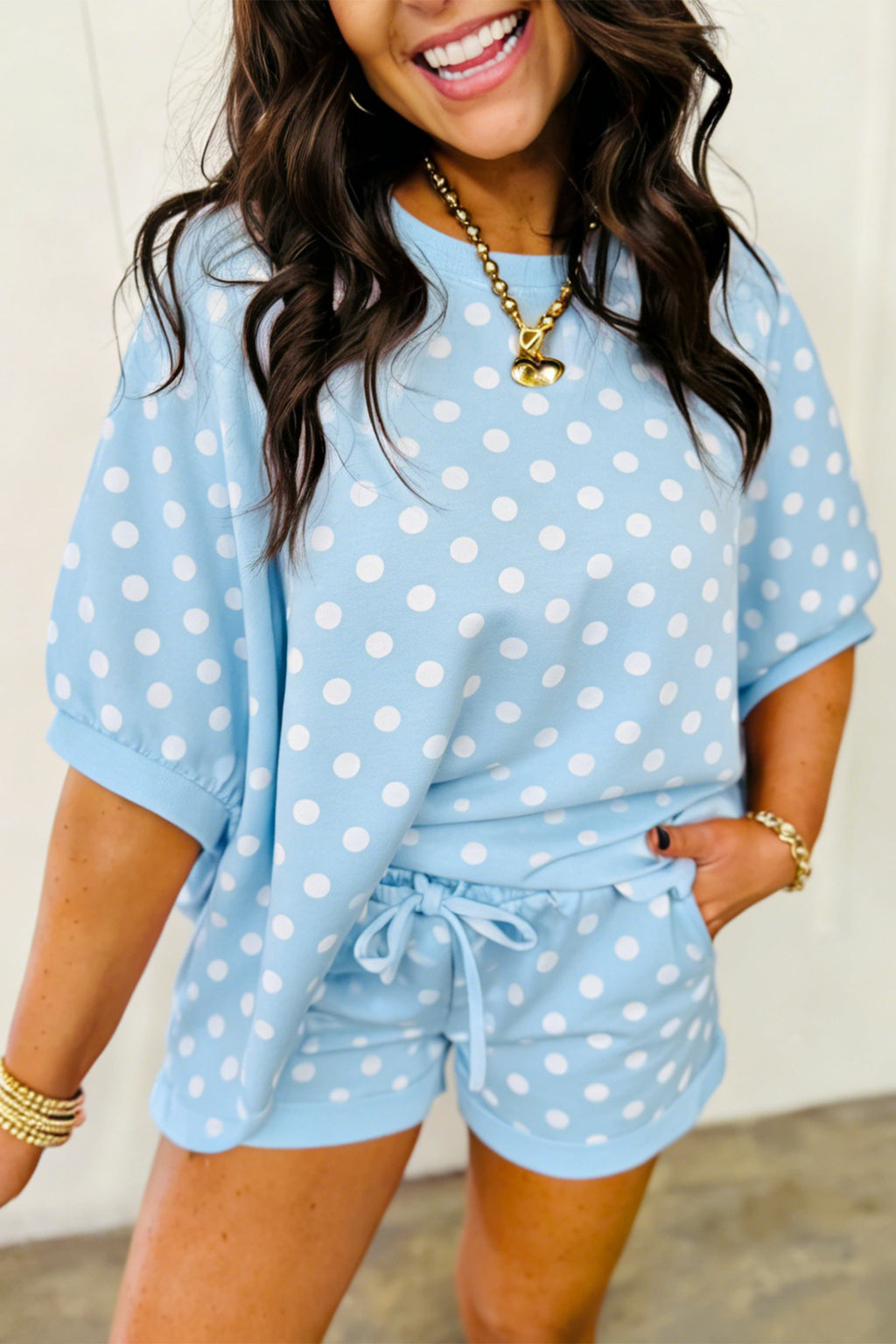 Green Polka Dot Oversized Top Drawstring Short Set