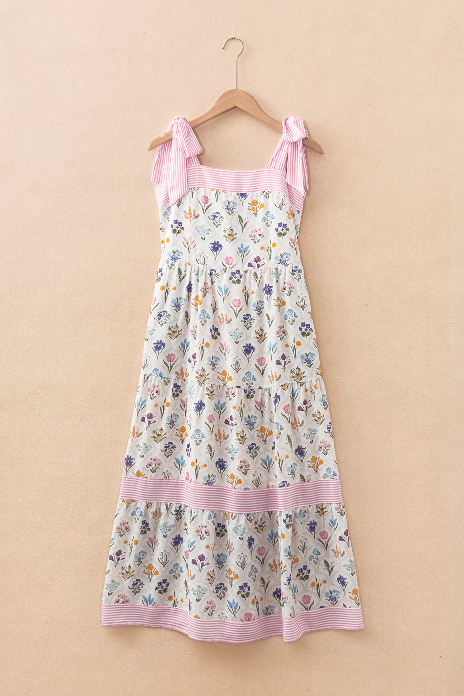 Multicolour Floral Print Striped Detail Knot Straps Maxi Dress