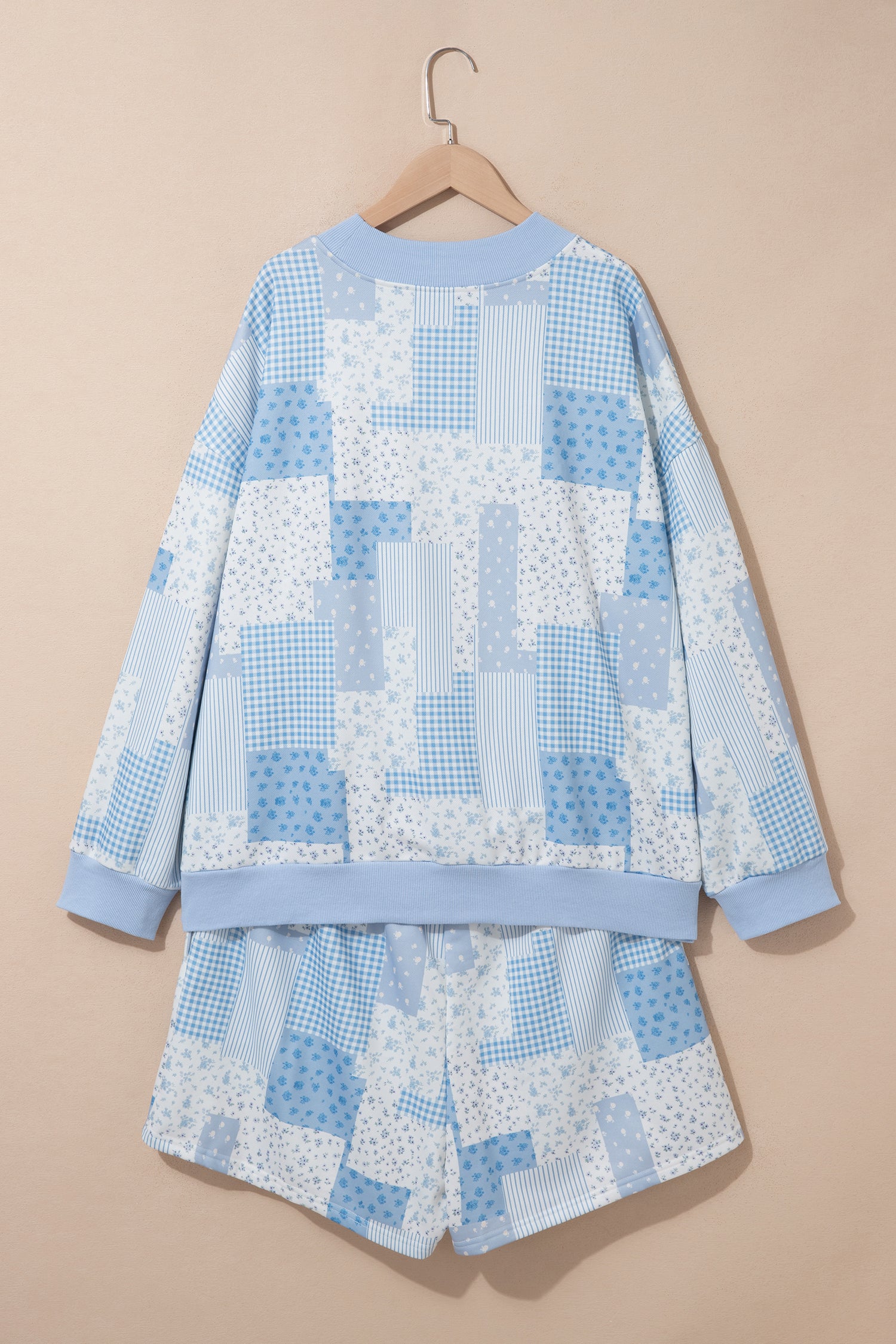 Sky Blue Patchwork Floral Print Stand Neck Long Sleeve Two-piece Outfit Plus Size Set
