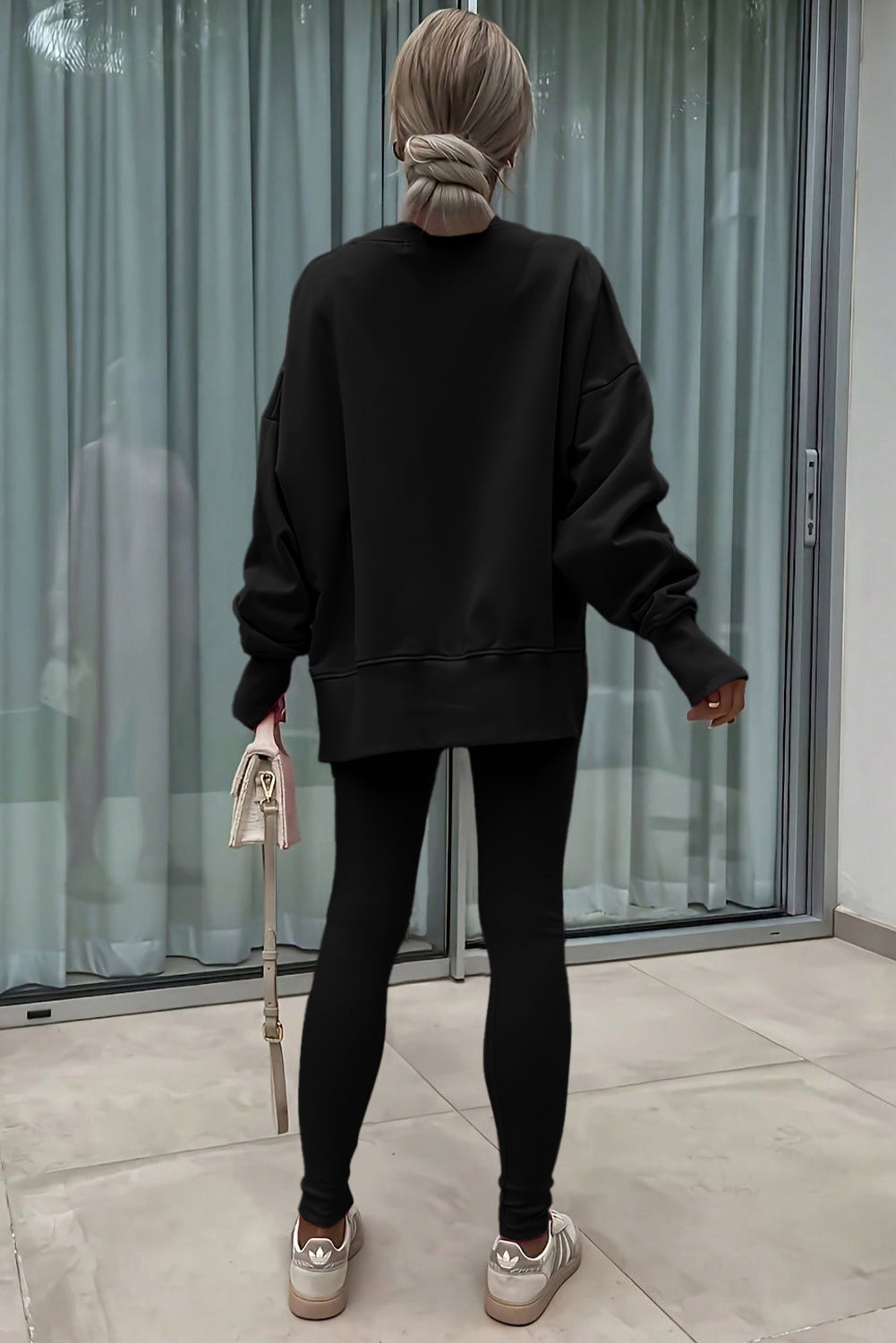 Green Bay Solid Color Oversize Slit Sweatshirt Ribbed Leggings 2pcs Set