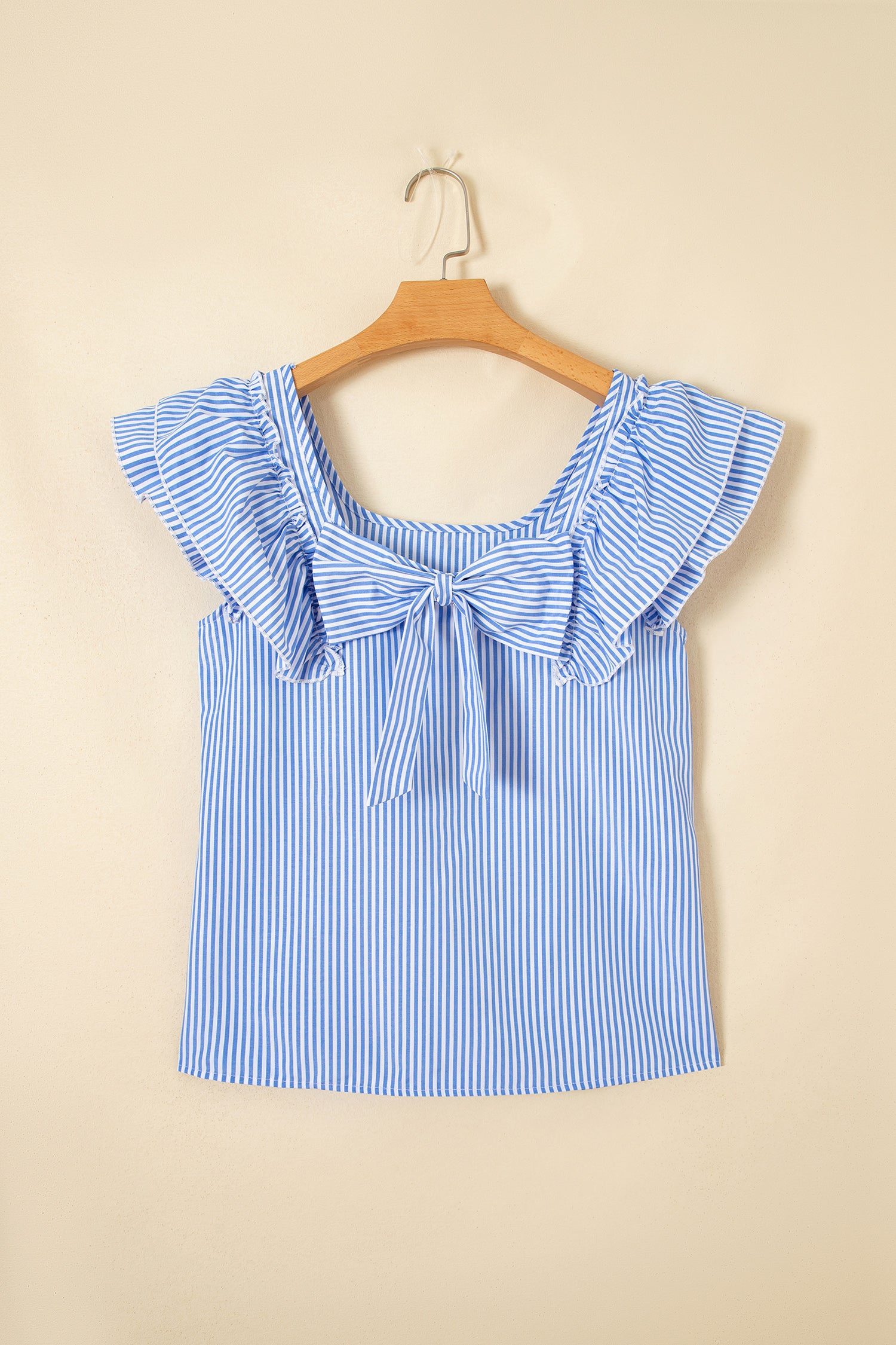 Sky Blue Stripe Square Neck Bow Decor Frilly Ruffled Short Sleeve Blouse