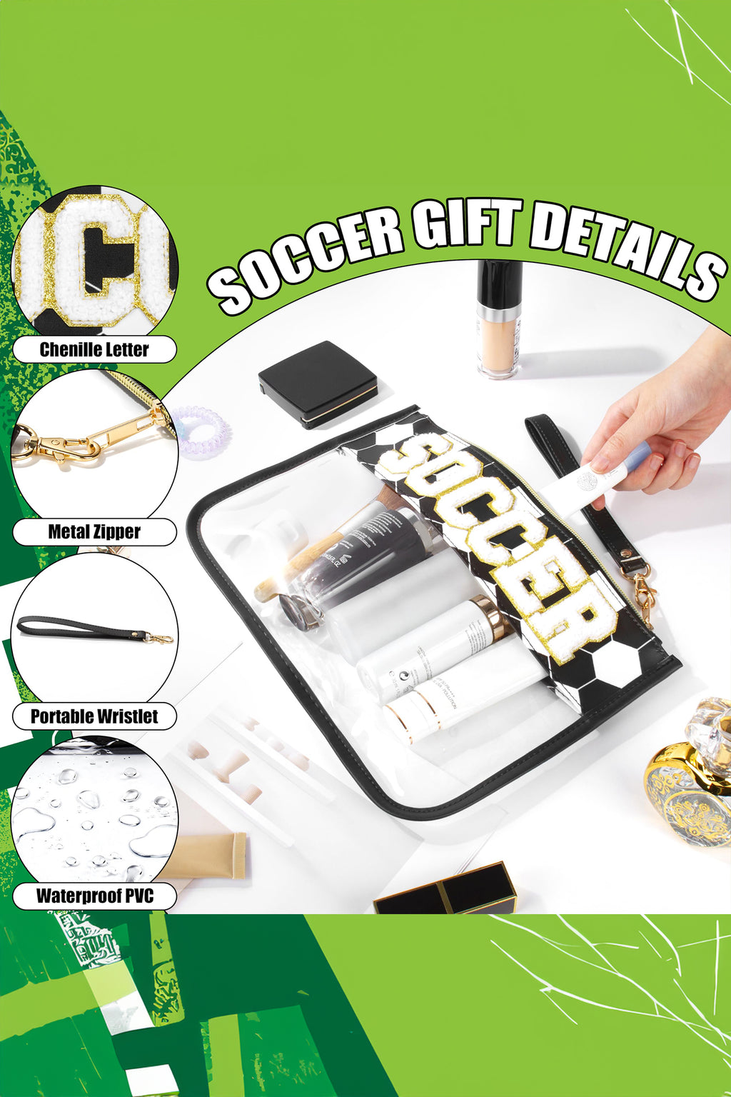 Jurassic Gold BASKETBALL Chenille Letter Patch Game Day Stadium Clear PVC Cosmetic Bag