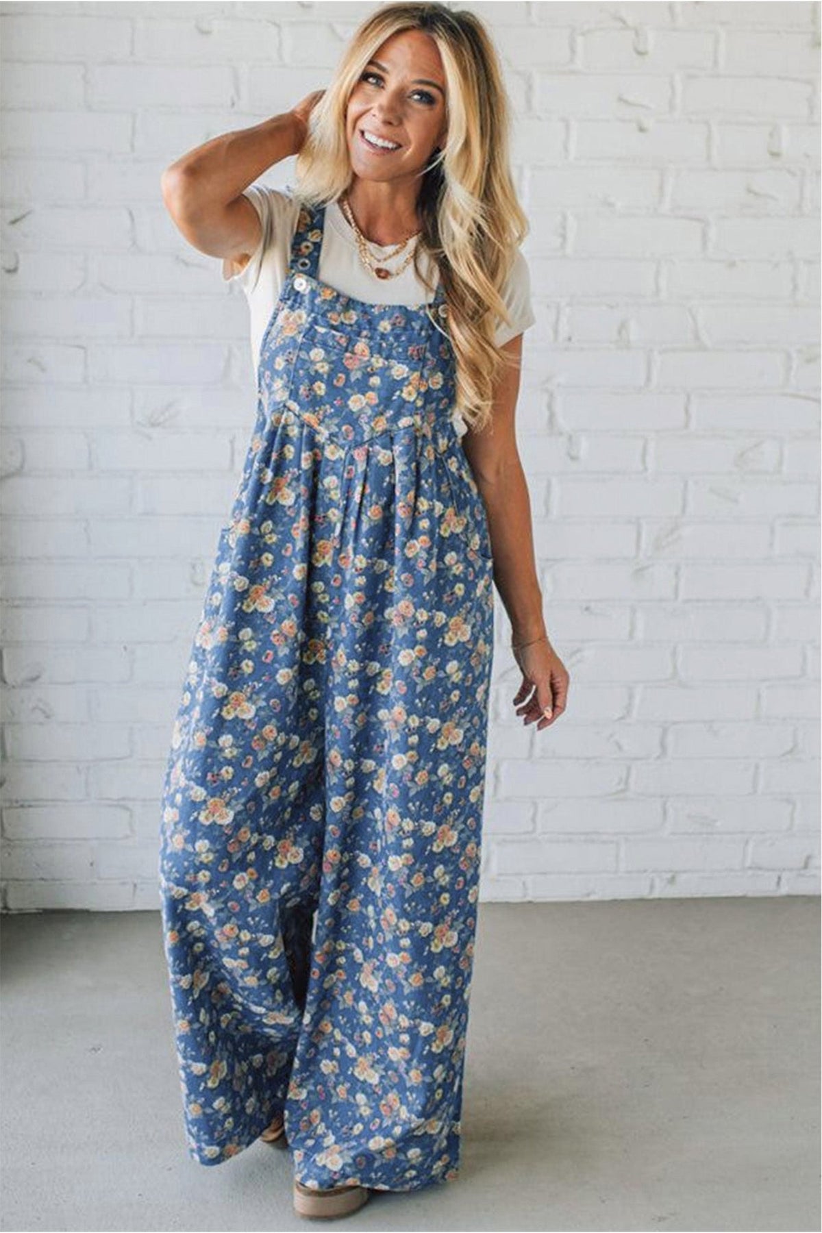 Blue Vintage Rose Printed Pleated Loose Denim Overall Jumpsuit - Kinfolk Customs LLC