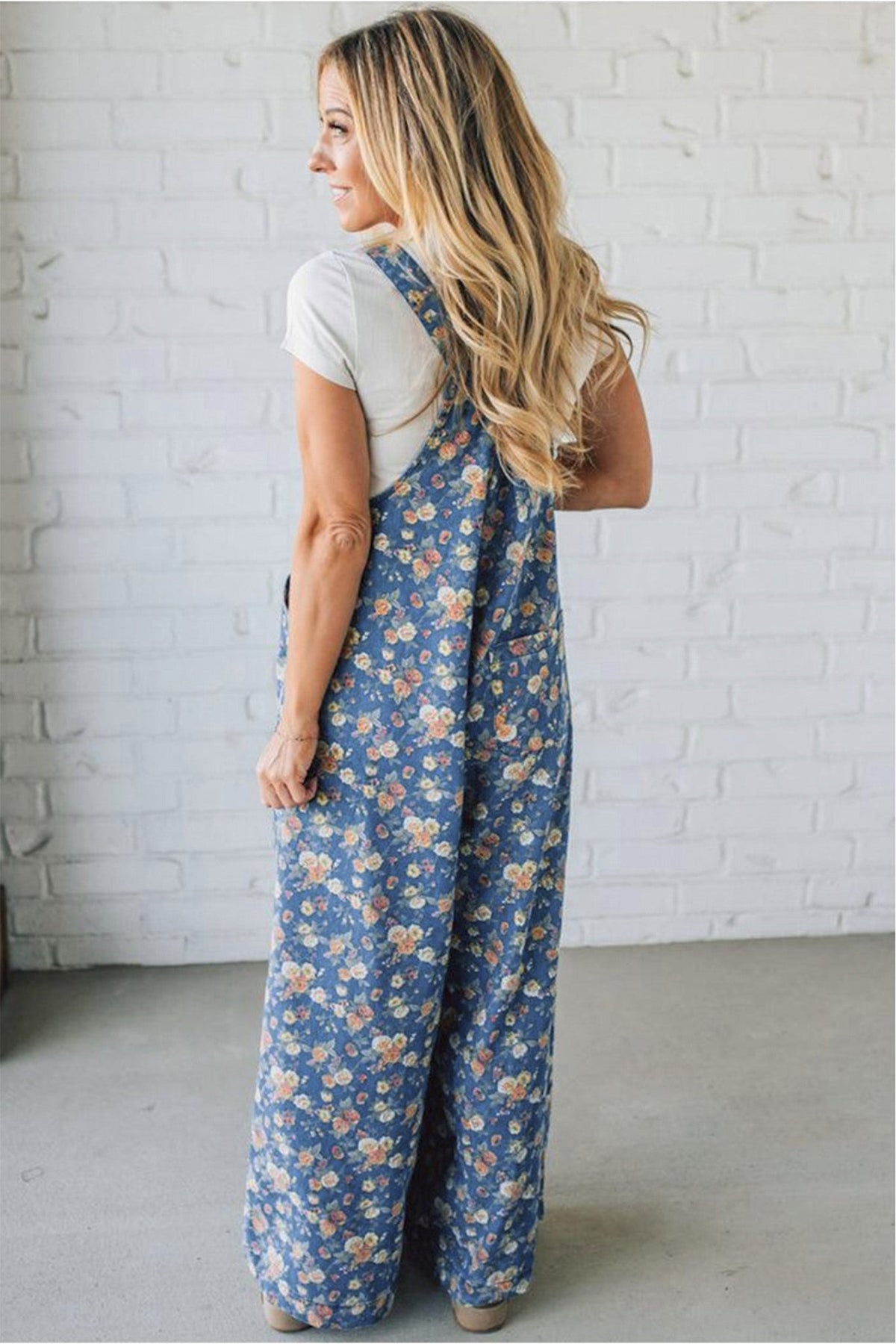 Blue Vintage Rose Printed Pleated Loose Denim Overall Jumpsuit - Kinfolk Customs LLC