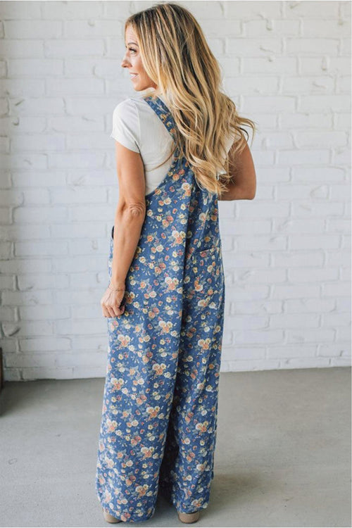 Blue Vintage Rose Printed Pleated Loose Denim Overall Jumpsuit - Kinfolk Customs LLC