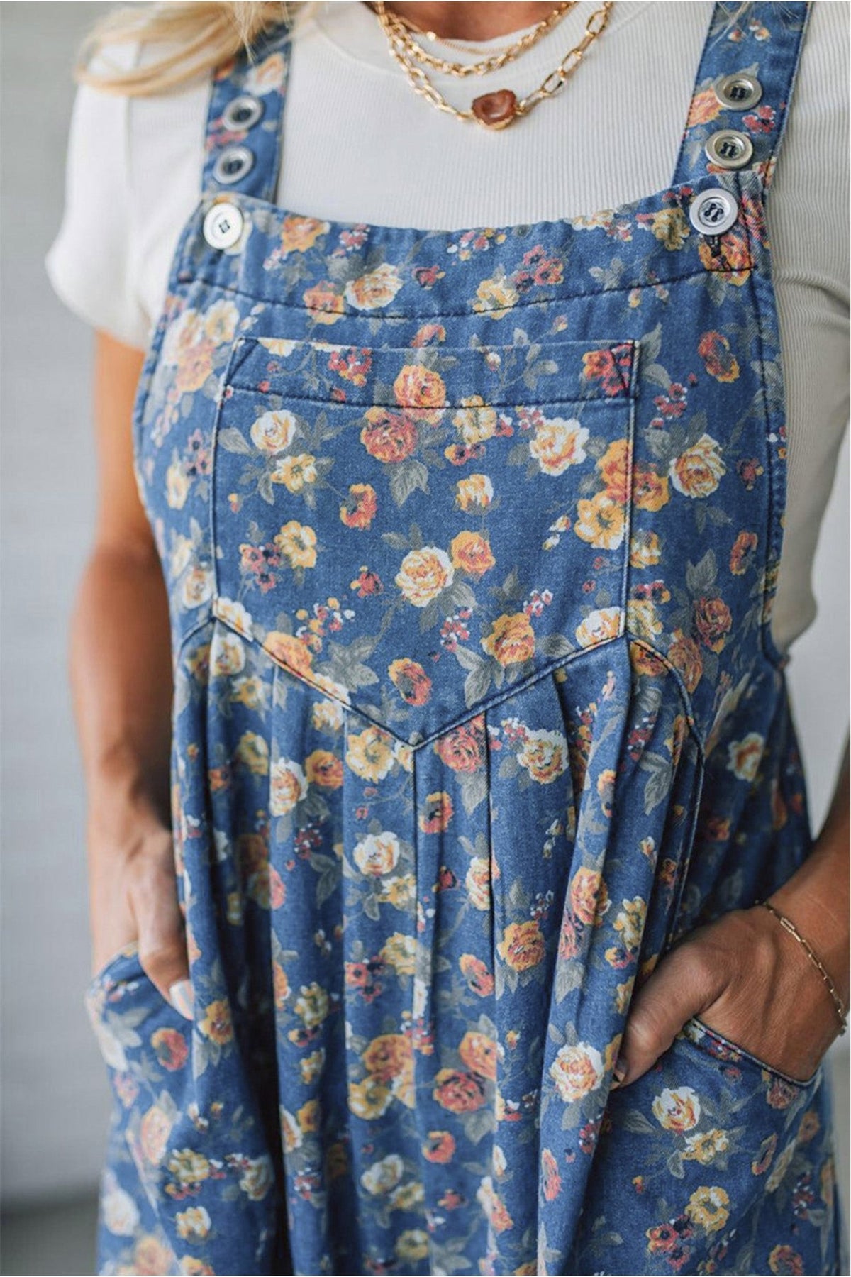 Blue Vintage Rose Printed Pleated Loose Denim Overall Jumpsuit - Kinfolk Customs LLC