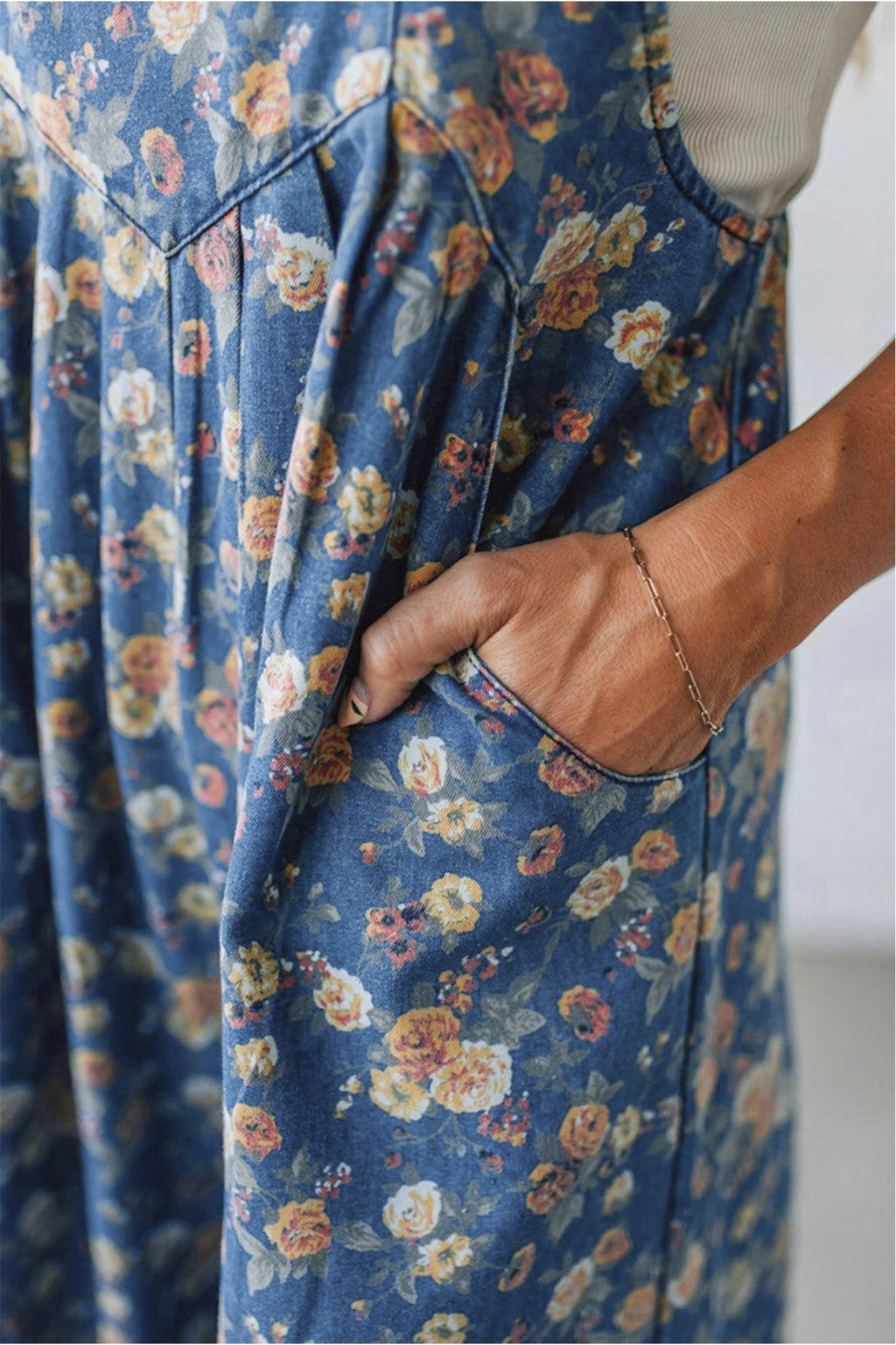 Blue Vintage Rose Printed Pleated Loose Denim Overall Jumpsuit - Kinfolk Customs LLC
