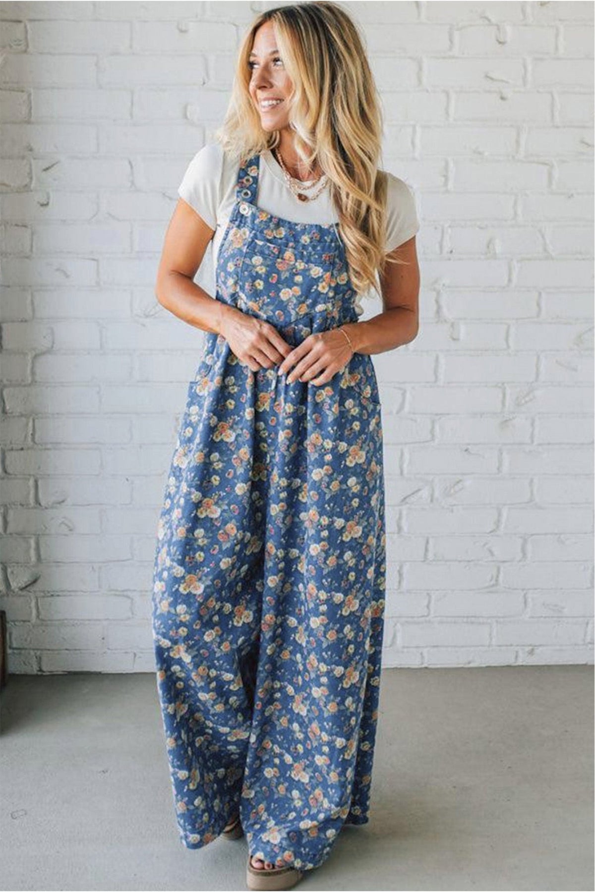 Blue Vintage Rose Printed Pleated Loose Denim Overall Jumpsuit - Kinfolk Customs LLC