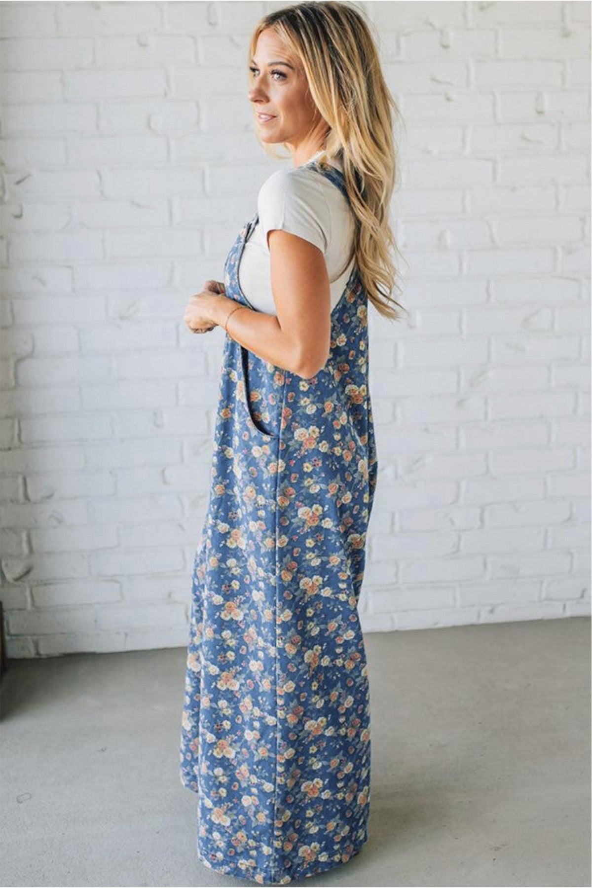 Blue Vintage Rose Printed Pleated Loose Denim Overall Jumpsuit - Kinfolk Customs LLC