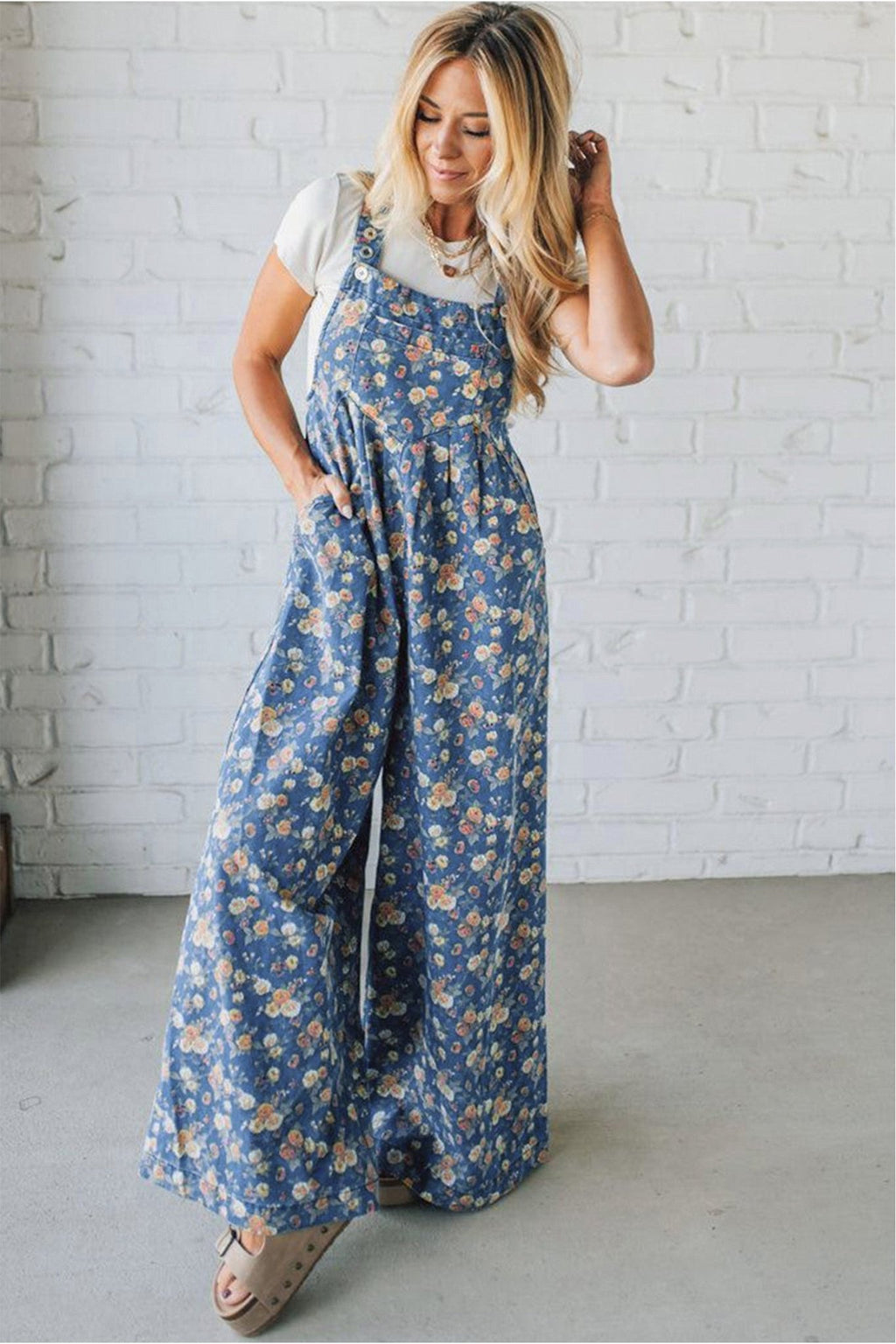Blue Vintage Rose Printed Pleated Loose Denim Overall Jumpsuit - Kinfolk Customs LLC