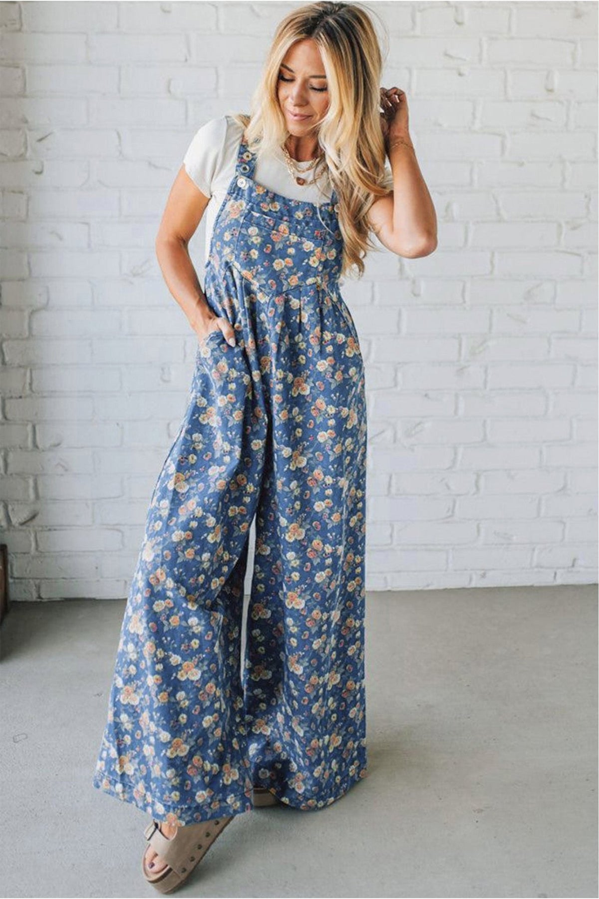 Blue Vintage Rose Printed Pleated Loose Denim Overall Jumpsuit - Kinfolk Customs LLC