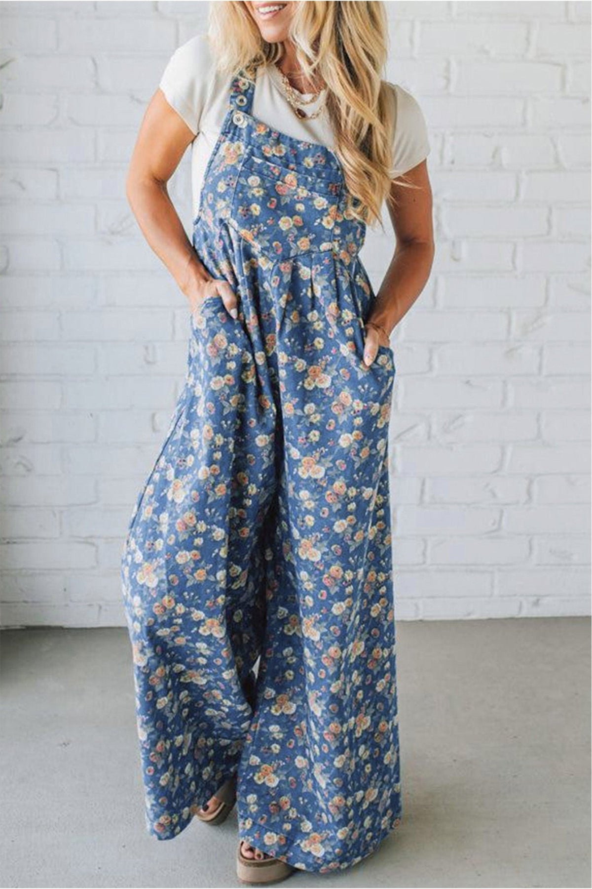 Blue Vintage Rose Printed Pleated Loose Denim Overall Jumpsuit - Kinfolk Customs LLC