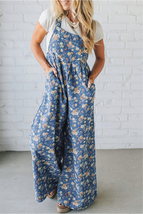 Blue Vintage Rose Printed Pleated Loose Denim Overall Jumpsuit - Kinfolk Customs LLC