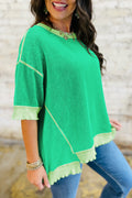 Mint Green Loose Uneven Hem Twist Ribbed T Shirt