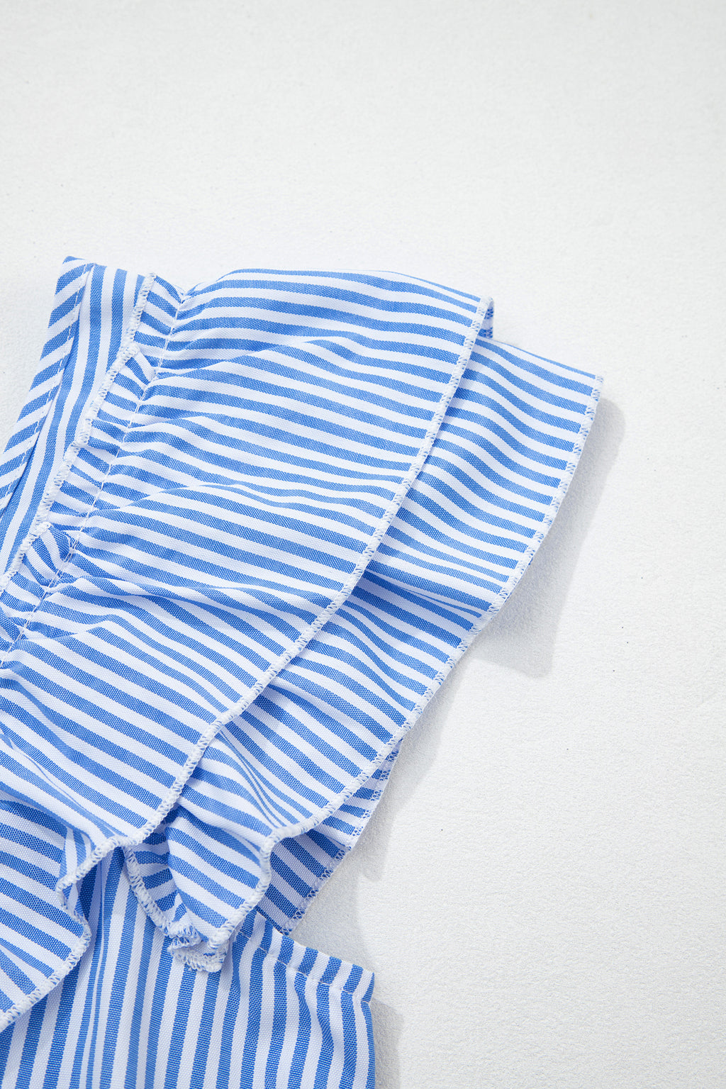 Sky Blue Stripe Square Neck Bow Decor Frilly Ruffled Short Sleeve Blouse