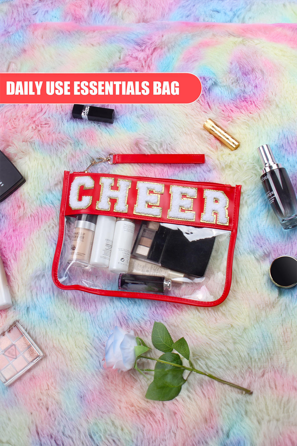 Bright Pink CHEER Chenille Letter PU Leather Patchwork Clear Makeup Bag
