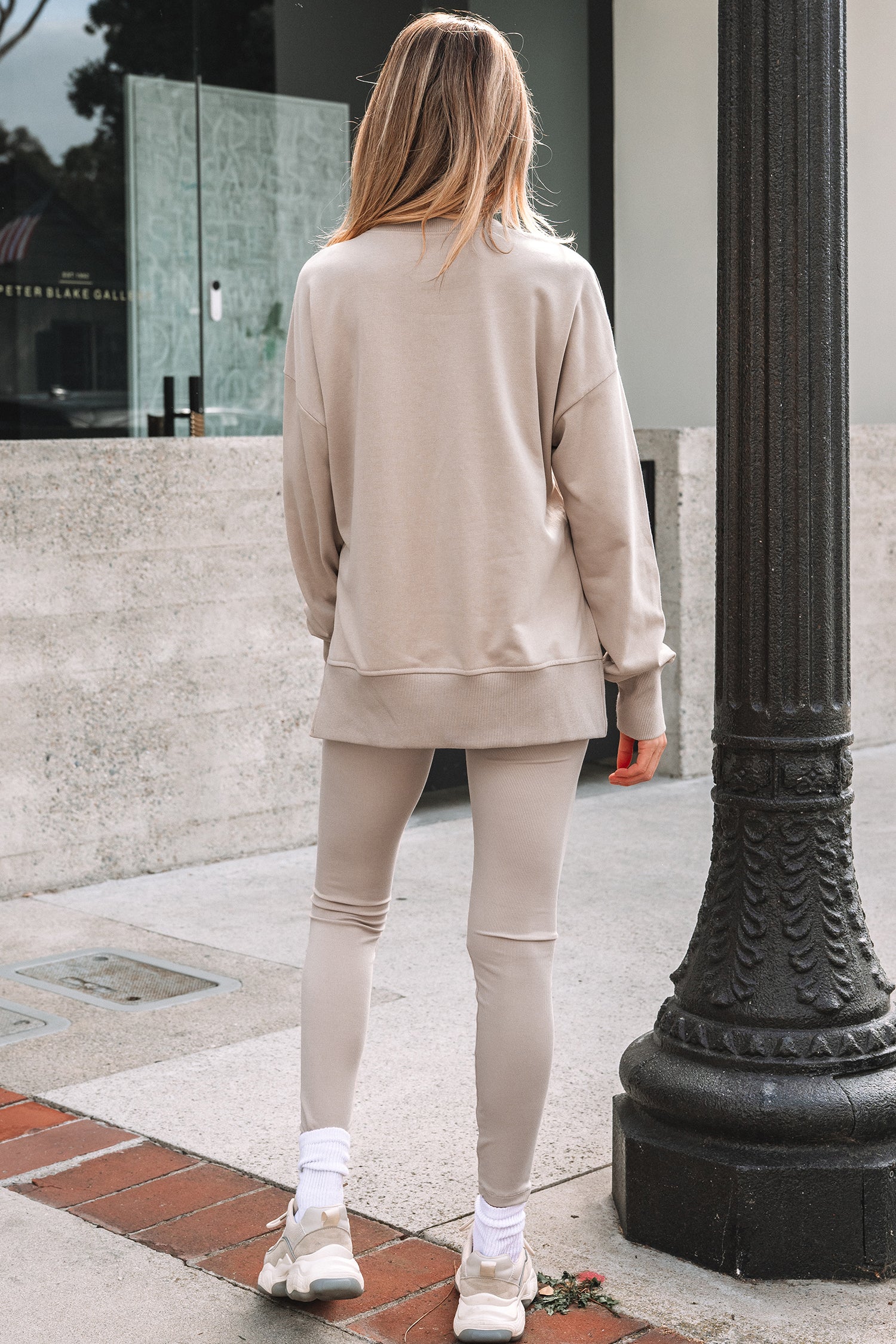 Green Bay Solid Color Oversize Slit Sweatshirt Ribbed Leggings 2pcs Set
