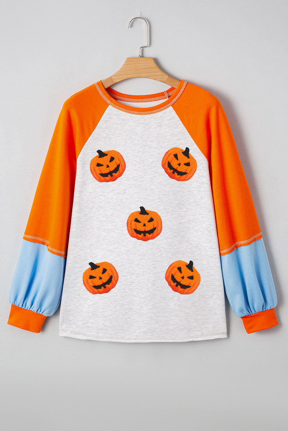 Light Grey Chenille Halloween Pumpkin Patched Color Block Patchwork Long Sleeve Top