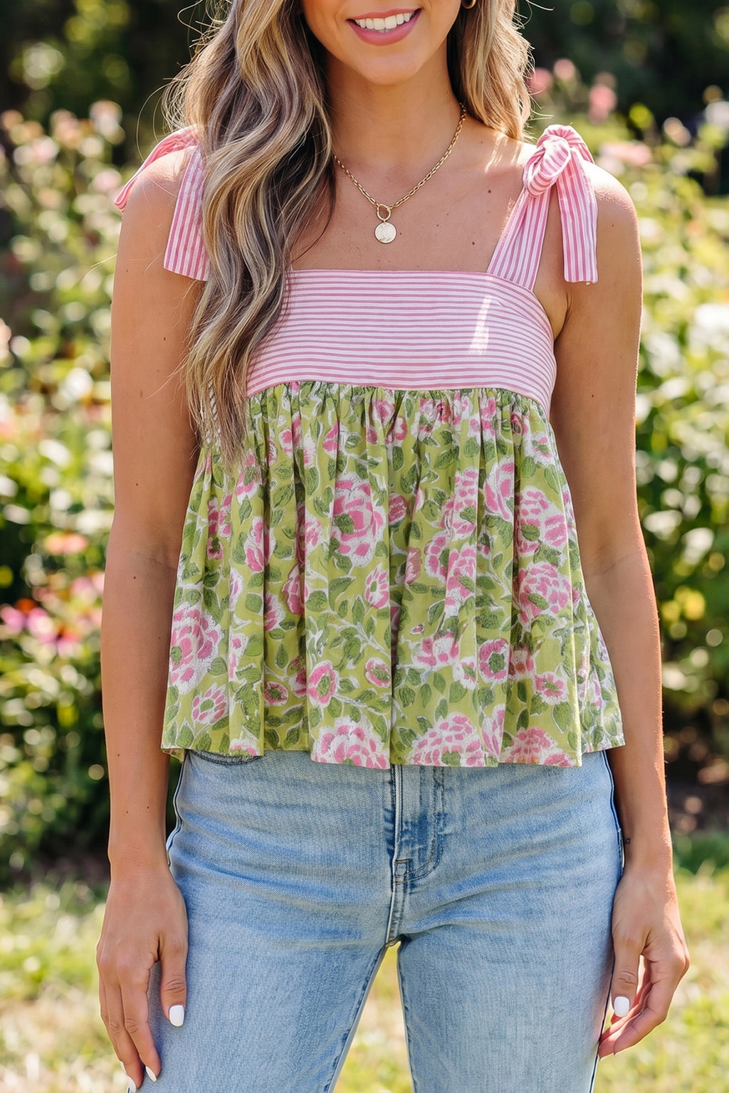 Pink Floral Printed Knot Straps Babydoll Tank Top