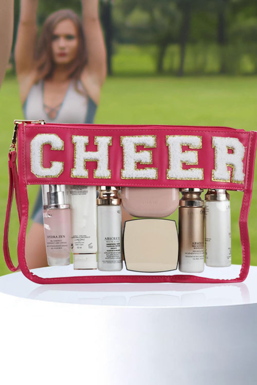 Bright Pink CHEER Chenille Letter PU Leather Patchwork Clear Makeup Bag