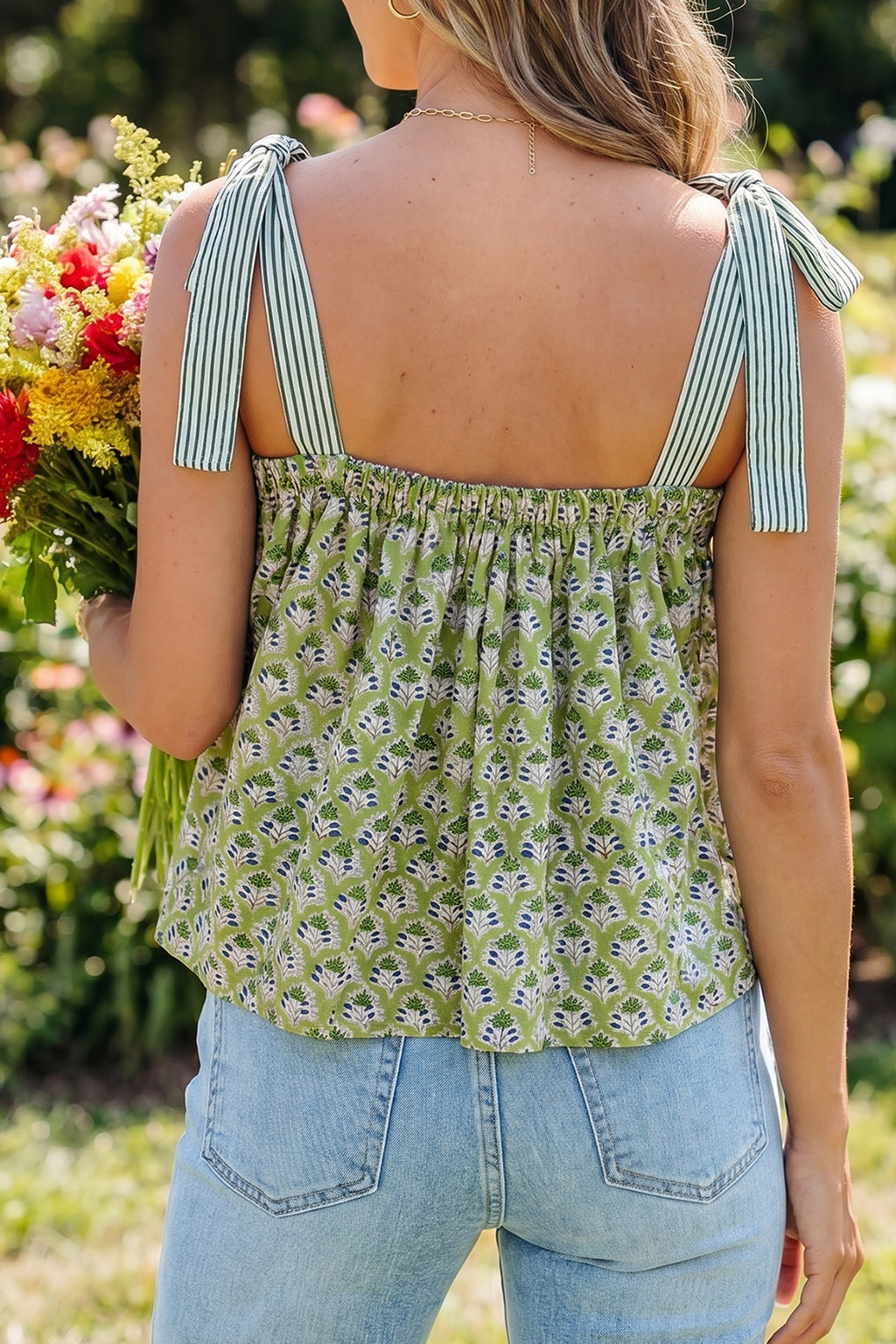 Pink Floral Printed Knot Straps Babydoll Tank Top