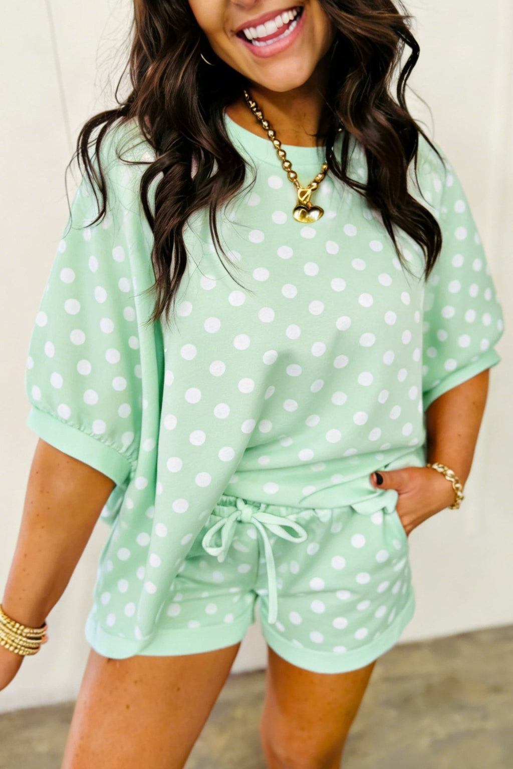 Green Polka Dot Oversized Top Drawstring Short Set - Kinfolk Customs LLC