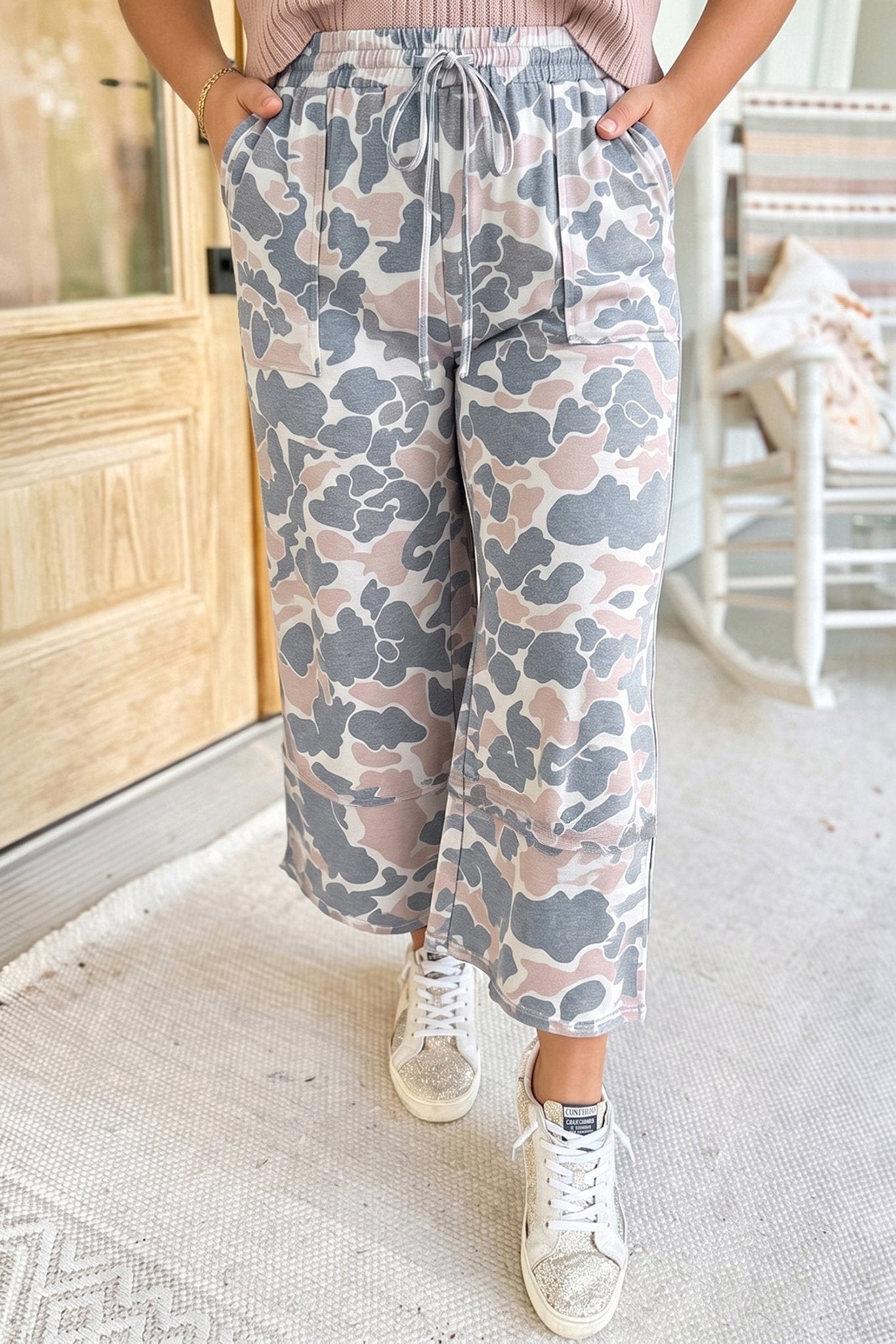 Khaki Camouflage Print Patch Pockets Ankle-Length Plus Size Pants - Kinfolk Customs LLC
