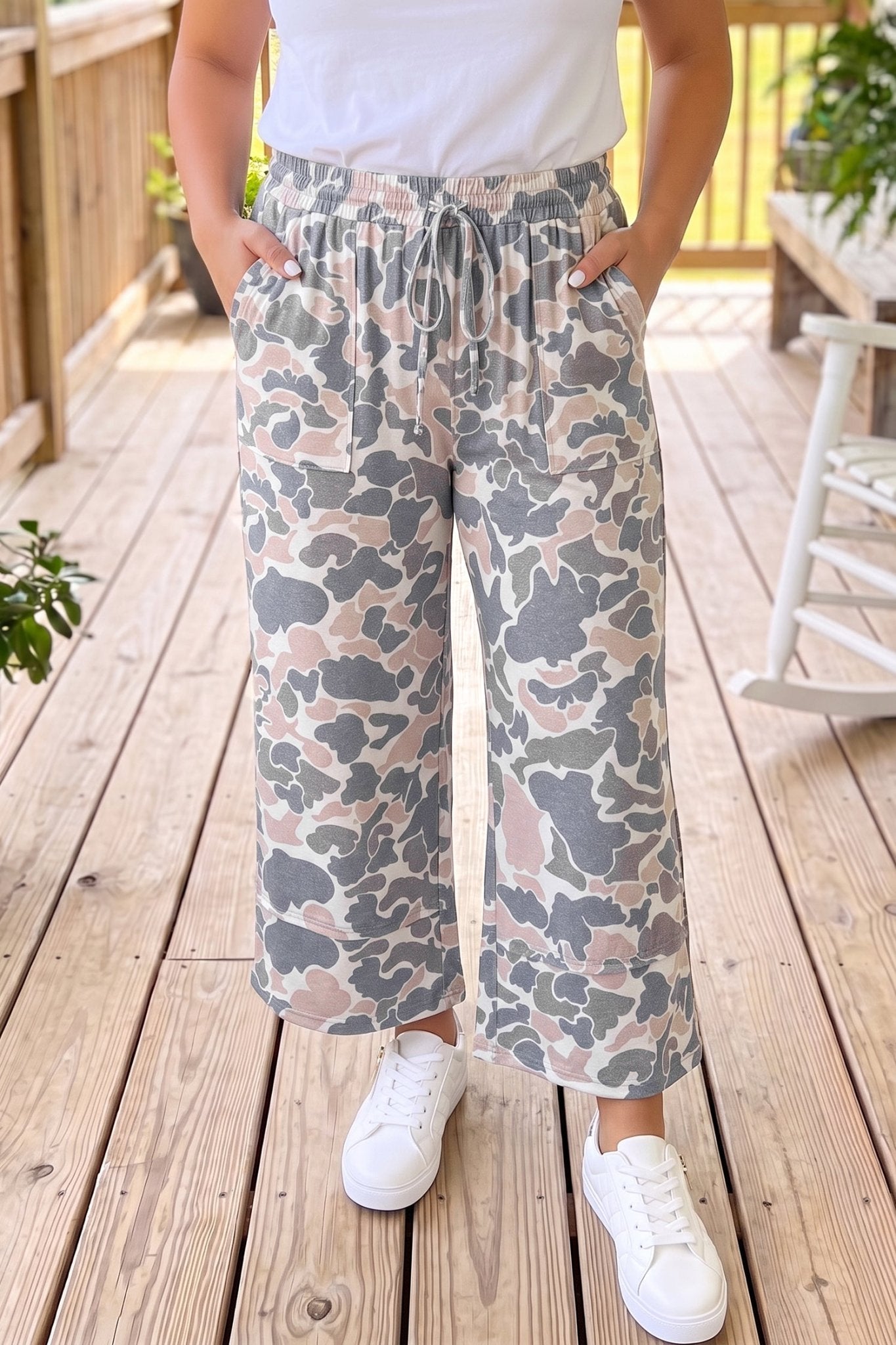 Khaki Camouflage Print Patch Pockets Ankle-Length Plus Size Pants - Kinfolk Customs LLC