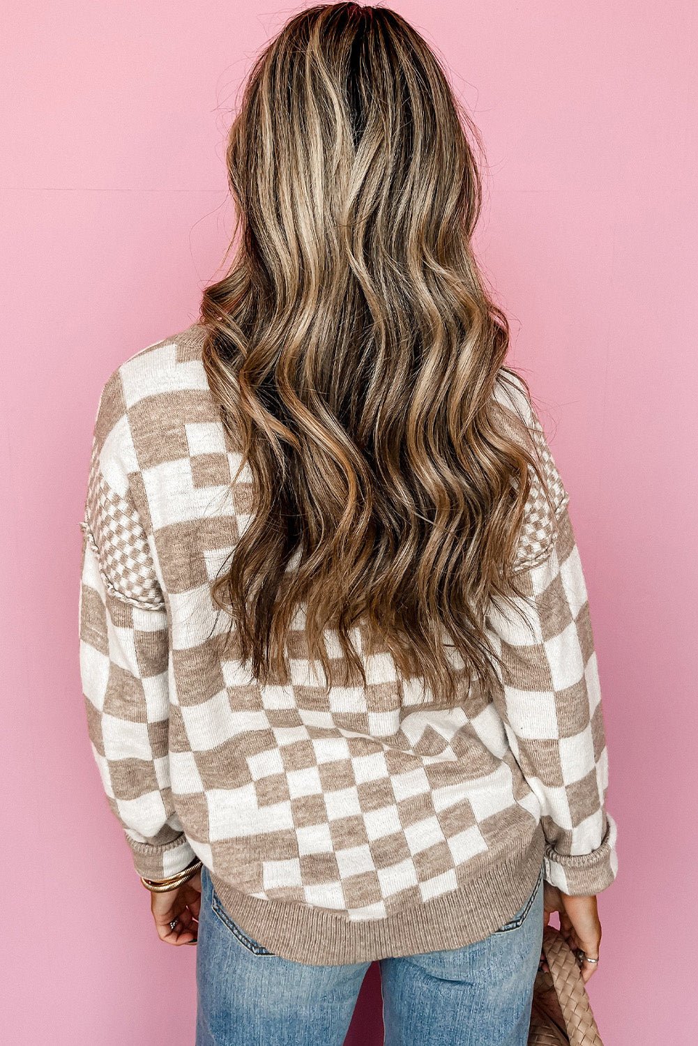 Khaki Checkered Print Drop Shoulder Round Neck Sweater - Kinfolk Customs LLC