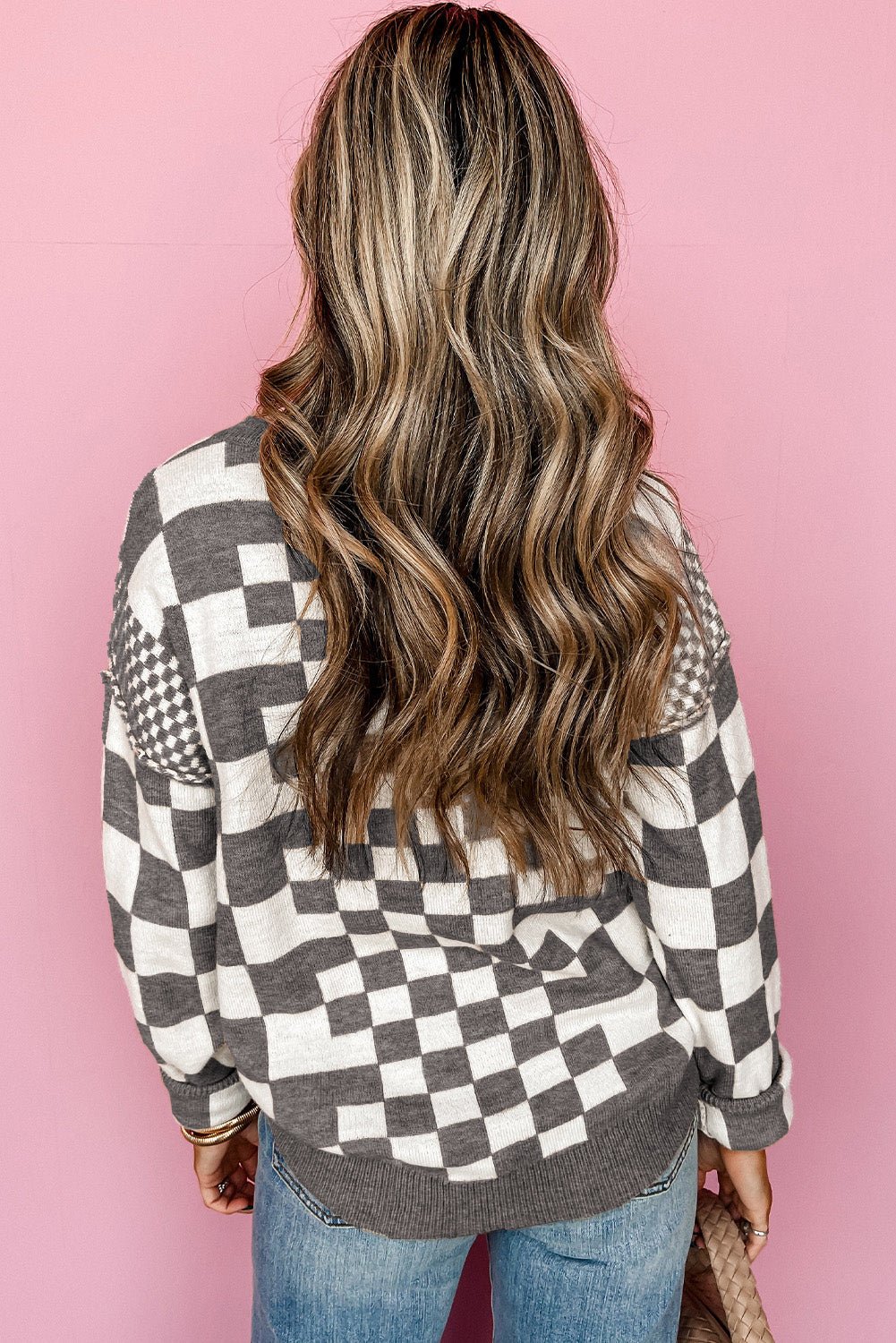Khaki Checkered Print Drop Shoulder Round Neck Sweater - Kinfolk Customs LLC