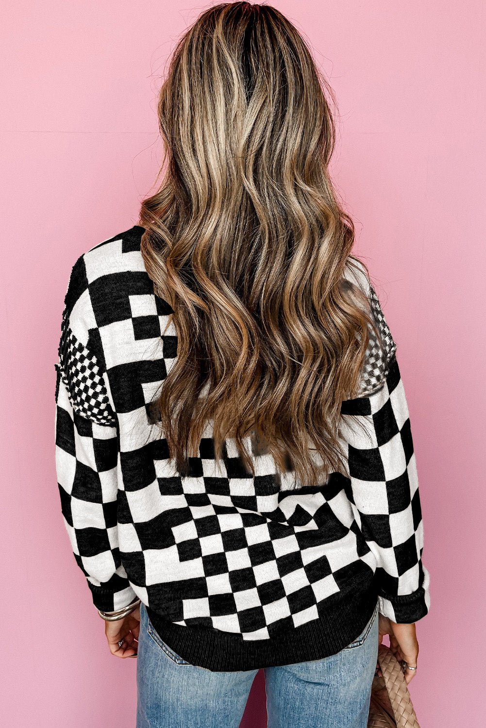 Khaki Checkered Print Drop Shoulder Round Neck Sweater - Kinfolk Customs LLC