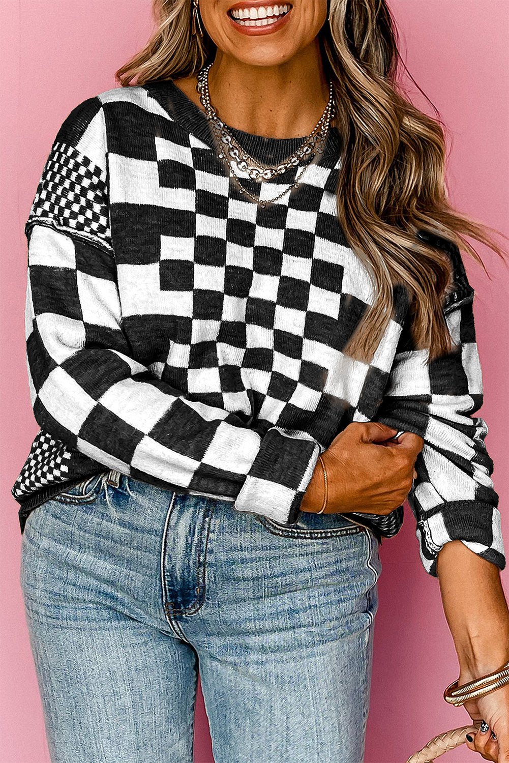 Khaki Checkered Print Drop Shoulder Round Neck Sweater - Kinfolk Customs LLC